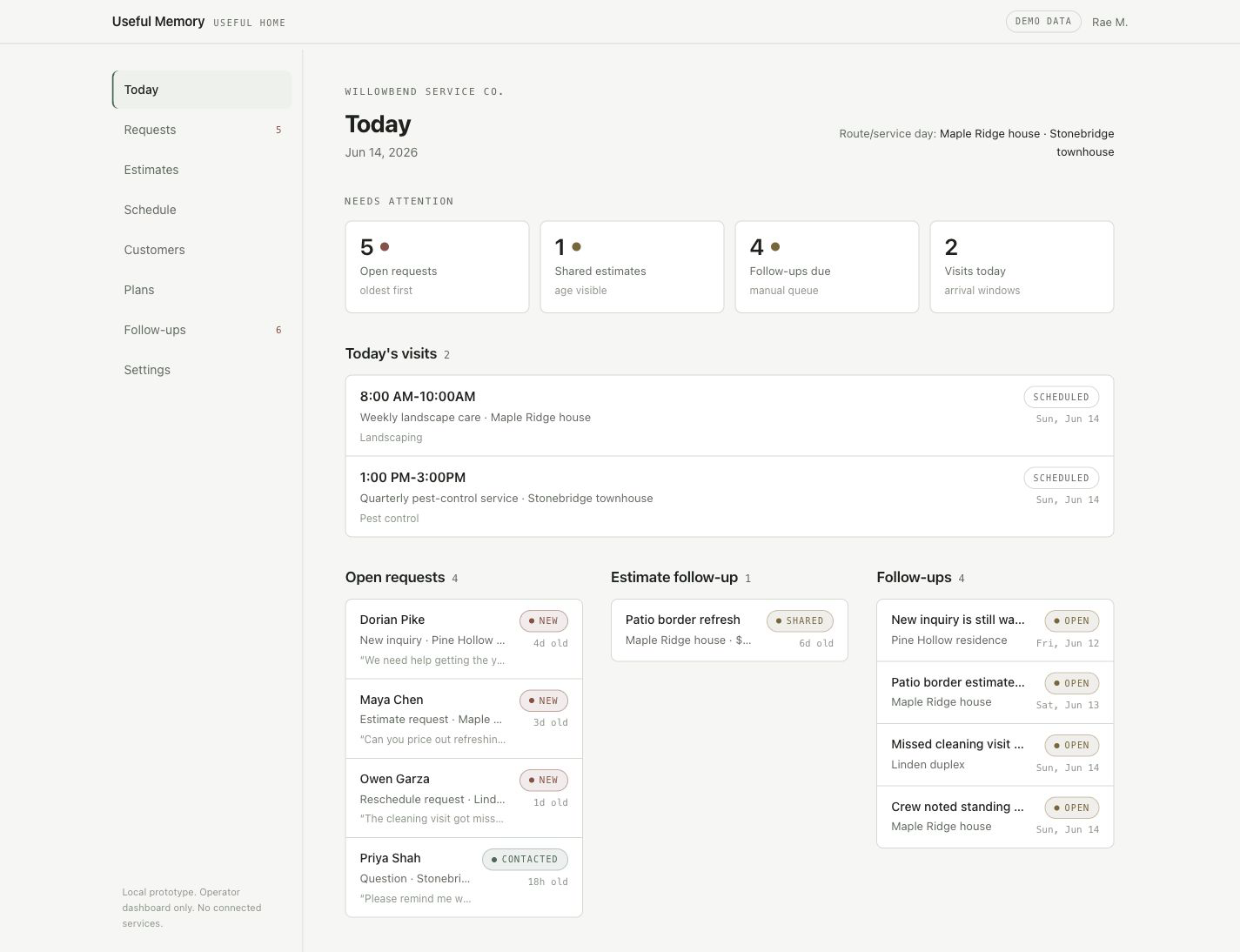 Useful Home dashboard screenshot showing requests, estimates, service visits, properties, and follow-ups.